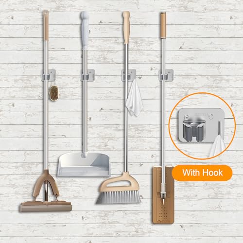 4 Pack Stainless Steel Mop and Broom Holder Wall Mount with Hook, Screw Drilling Mop and Broom Hanger, Single Heavy Duty Storage Rack for Laundry Garage Closet Garden Tool Organizer, Silver - color: C-Sliver, size: 4PCS Gripper