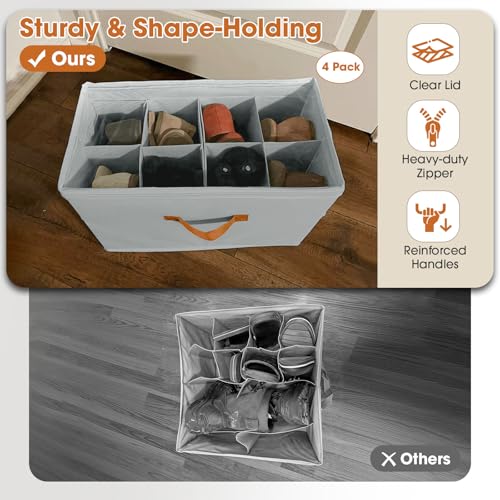 4 Pack Shoe Organizer for Closet,Foldable Shoe Storage Organizer with Adjustable Dividers, Shoe Storage Box with Clear Cover, Fits up to 32 Pairs, Gray - color: Gray, size: 4 Pack