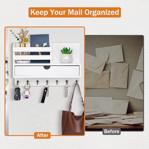dreampossible Key and Mail Holder for Wall, Mail Organizer Wall Mount with 6 Hooks and Storage Drawer, Wooden Key Rack Hanger with Shelf for Entryway and Home Decor - color: White, size: Large(13.4''x8.7'')