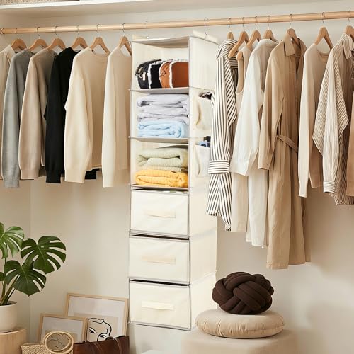 Garvee Hanging Closet Organizer with Drawers, 3-Tier Non-Woven Fabric Storage Shelves, Foldable Closet Organizer for Bedroom, 11.8x11.8x47.2 Inches, Beige - color: Grey
