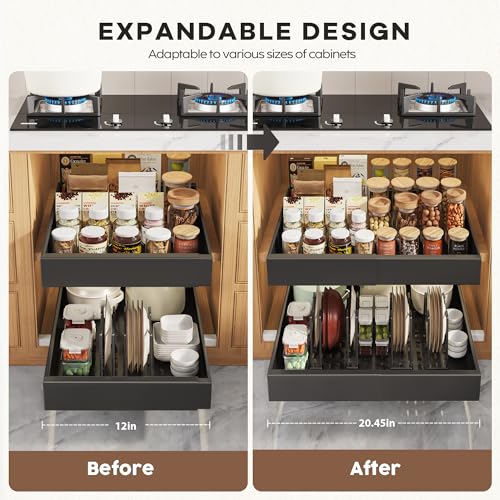 Seinloes 4Pack Expandable Pull Out Cabinet Organizer 21"Deep With Raising Pad for Framed Cabinets,Slide Out Drawers with 4pcs Divider Racks,Roll Out Shelves Adhesive,Adjustable Width 12.05"-20.4"Black - color: Black, size: 12"-20.45"Wide x 21"Deep(4 Pack)