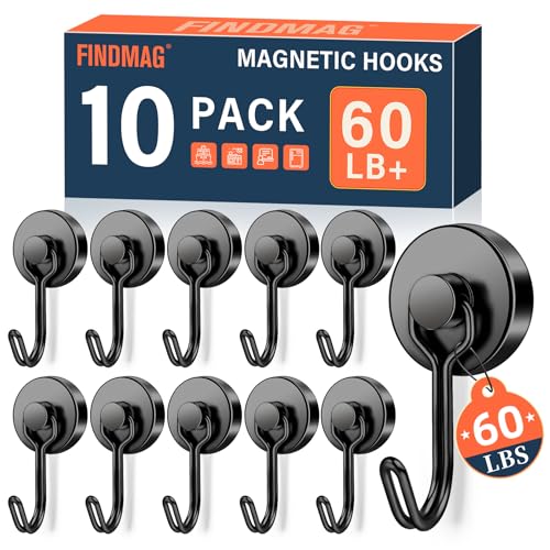 FINDMAG Strong Magnetic Hooks, 60lb+ Magnetic Hooks for Cruise Cabins, Rare Earth Magnet with Hook for Fridge, Magnetic Hook for Hanging Heavy Duty, Magnetic Hangers for Locker, Toolbox, Wall, Home - color: Black, size: 10Pack 60Lbs+