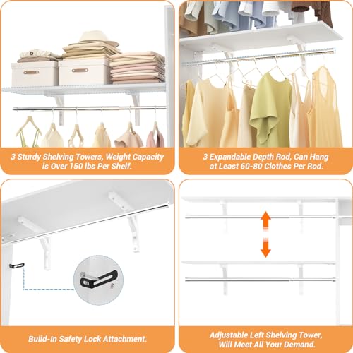 iSunirm 8FT Closet System with Shelves, 96'' Closet Organizer System with 3 Hanging Rods, Wall Mount Bedroom Wardrobe Walk-in Closet, Adjustable Cloth Garment Rack from 5 to 8FT (Cut to Fit), White - color: White
