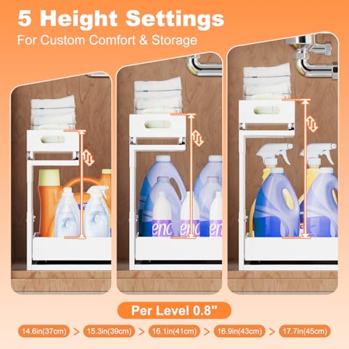 Upgrade 1 Pack Expandable Under Sink Organizers and Storage, 2 Tier Metal Pull Out Cabinet Organizer with 3 Slide Rails, Adjustable Height Slide Out Under Sink Drawers for Kitchen Bathroom Pantry - size: 1 Pack 15”-25”