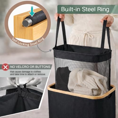 Slim Laundry Hamper with Lid, 60L Narrow Laundry Basket for Small Spaces, Collapsible Clothes Hamper with Bamboo Handles, Removable Inner Bag, Waterproof, Black