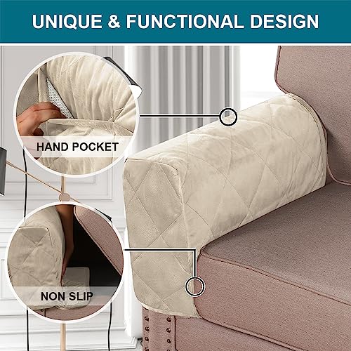 Velvet Quilted Armrest Covers - Water-Resistant Sofa Arm Protectors Set of 2 with Side Pocket Organizer, Non-Slip Furniture Covers for Chairs & Couches (Ivory) - color: Ivory