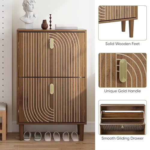 Smuxee Shoe Cabinet with 2 Flip Drawers, 23.6" Walnut Hidden Shoe Storage Cabinet with Line Groove Design, Freestanding Shoe Organizer Cabinet for Entryway, Hallway, Living Room - color: Walnut With Flip Drawers, size: 23.6" (60 cm)