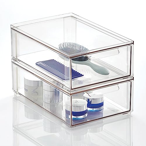 mDesign Plastic Stackable Bathroom Storage Organizer Bin with Pull Out Drawer for Cabinet, Vanity, Shelf, Cupboard, Cabinet, or Closet Organization - Lumiere Collection - 8 Pack - (Clear, 8 x 12 x 4) - size: 8 x 12 x 4 (Pack of 8)