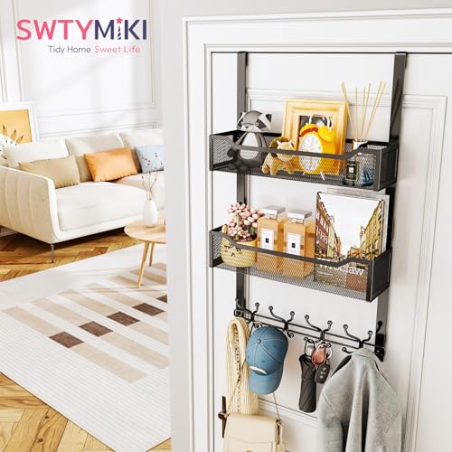 SWTYMIKI Over The Door Hooks Organizer - Multi-Functional Door Hanger with 16 Hooks & 2 Mesh Baskets, Long Coat Rack for Bathroom, Bedroom, Living Room, Home Storage Organizer, Black - color: Black