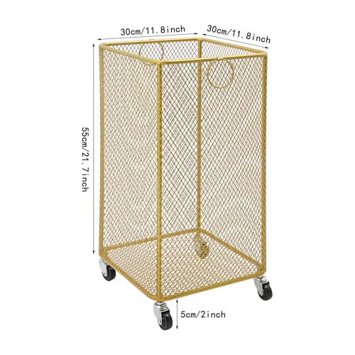 Metal Laundry Storage Cart - Square, Mesh Wire Rolling Laundry Hamper with Wheels & Ring Handles, Clothes or Linen Storage Organizer Hamper Bin Laundry Basket, 12"L x 12"W x 22"H, Gold - color: Gold, size: Square - 12"W