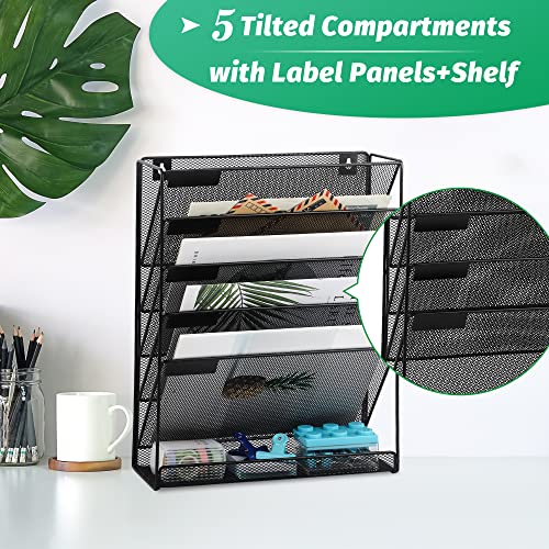 EASEPRES Desk File Organizer Mesh 6-Tier, Hanging Wall Mount Document Organization Stand, Desktop Vertical Mail Paper Folder Holder Rack with Bottom Tray for Office Home Cubicle Countertop, Black - color: Black, size: 6 Tier