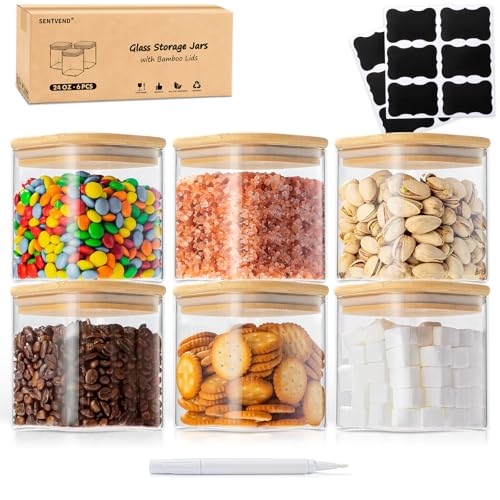 SENTVEND 24 Oz Glass Storage Jars with Bamboo Lids - 6 Pack Clear Glass Canisters Square Airtight Stackable Ideal for Pantry Storage Containers Organizers Great for Storing Oats Coffee Beans Nuts etc - color: 24 OZ-Clear