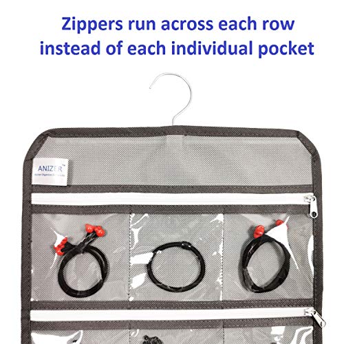 Travel Foldable Jewelry Rolls Bag Hanging Jewelry Organizer with 9 Zippered Clear Pockets Storage Pouch with Rotatable Hanger (GREY) - color: GREY