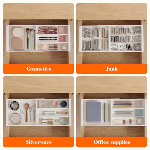 Briwooody Expandable Drawer Tray with Adjustable Dividers, 12.6-19.96 Inch Hanging Sliding Desk Organizer, 1.18'' Deep White Office Storage for Pens Paper Clips Sticky Notes Tape, Desk Accessories