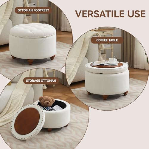 WUTUTUEE 24Inch Round Storage Ottoman with Tray, Modern Tufted Fabric Circle Coffee Table with Storage, Upholstered Ottoman with Removable Top for Living Room, Bedroom, Beige - color: Beige, size: 24 Inch