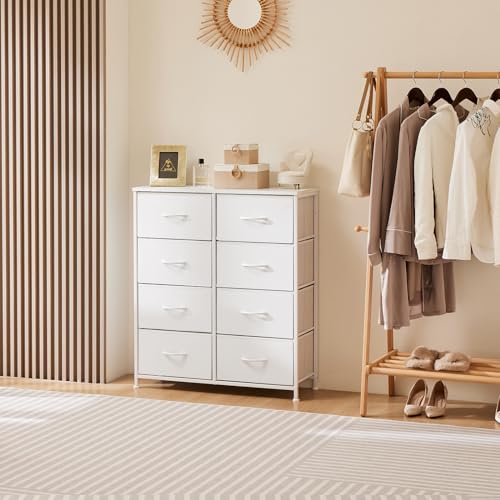 Sweetcrispy Dresser for Bedroom, Chest Organizer Unit with 8 Fabric Bins, Fabric Storage Tower, Drawer Organizer with Steel Frame, Wooden Top for Living Room, Closet - color: White, size: 31.5"D x 11.8"W x 36.4"H (8 Drawers)