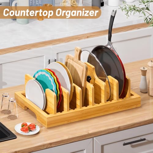Kiasthome Bamboo Pot and Pan Organizer, Pot Lid Organizer Holder Rack for Countertop Drawer, Kitchen Cabinet Organizer with 7 Adjustable Dividers for Pots, Pans, Baking Sheets, Cutting Boards, Nature - color: Nature