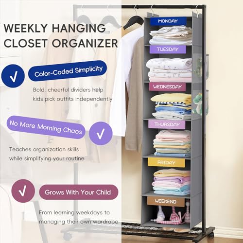 VERONLY Weekly Hanging Closet Organizer for Kids, 6-Shelf Clothes Storage with Labeled Days of The Week Monday Through Friday, Weekday and Weekend, Days of The Week Clothes Organizer - color: Grey
