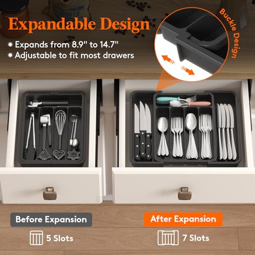Lifewit Silverware Drawer Organizer, Expandable Utensil Tray for Kitchen, BPA Free Flatware and Cutlery Holder, Adjustable Plastic Storage for Spoons Forks Knives, 8.9-14.7 x 12.2", Black - color: Black, size: Medium Wide (8.9-14.7''W x 12.2''D)