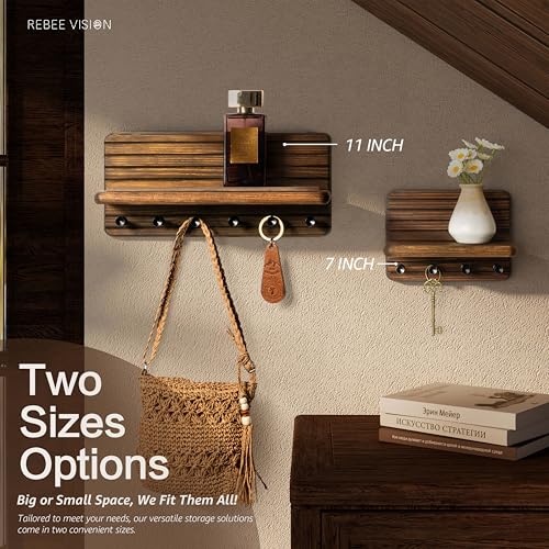 Rebee Vision Farmhouse Key Holder Wall Mount for Home Decor – Decorative Pine Wooden Key Holder for Wall with 6 Hooks & Floating Shelf - Rustic Charm for Room Decor Aesthetic (Brown) - color: Brown, size: Medium-11inch