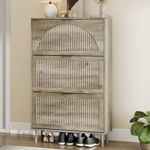 Shoe Storage Cabinet with 3 Flip Drawers, Narrow Wood Shoe Organizer Cabinet with Fluted Panel, Slim Shoe Rack for Entryway, Freestanding Shoe Cabinet for Living Room, Hallway, Grey - color: Grey, size: 3-Drawers