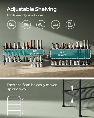 SONGMICS Shoe Rack, 3-Tier Shoe Organizer, Metal Shoe Shelf Storage with 4 Side Hooks, Holds 24 Pairs of Shoes, Height-Adjustable Shoe Rack for Entryway, Hallway, Closet, Ink Black ULMR131B01 - color: Ink Black, size: 3 Tiers (44.9"W)