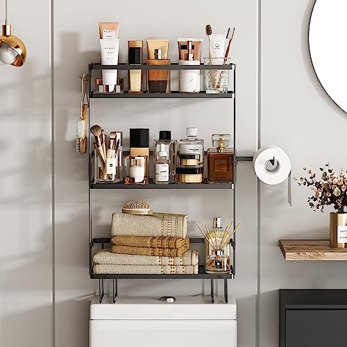 Godboat Bathroom Organizers and Storage, 3-Tier Wall Shelves, Over Toilet Rack with Paper Holder and 2 Hooks, Floating Shelf & Accessories, Gifts for Women, Mom, Mothers Day (Black) - color: Black, size: 3-Tier