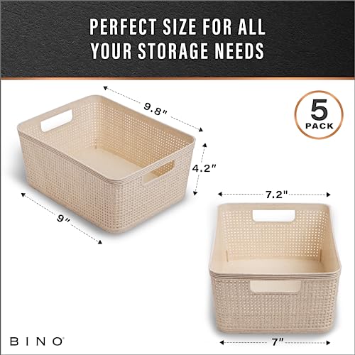 BINO | Woven Plastic Basket | Small (Natural), 5-Pack | THE JUTE COLLECTION | Home Organization, Space - Saving Storage, Stylish Design | Jute Basket | Plastic Storage Basket - color: Natural, size: 5PK- S