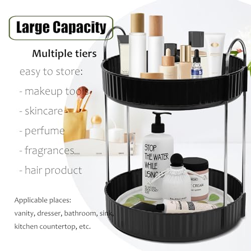 Rotating Makeup Organizer Countertop 2 Tier Lazy Susan Trays Spinning Skincare Perfume Storage for Bathroom Counter Vanity, Black - color: Black, size: 2 Tier