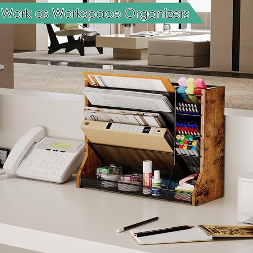 Jakyitvi Wall Desk File Organizer 5 Tiers, Ironwood Mail Organizer Wall Mounted with R-shaped Tray, Wall Organizer for Office Home, 4 Pull-Out Divider and Pen Slots to Sort File,Mail,Newspaper,Pen - size: 5-Tire & Ironwood