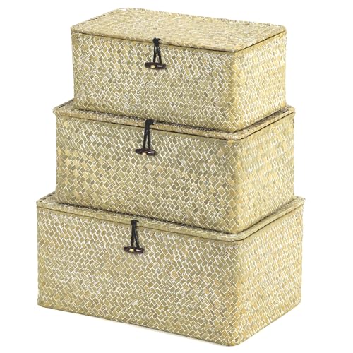 Nonam Storage Basket with Lid, Natural Seagrass Bin with Lid Set of 3, Shelf Baskets Multipurpose Container for Boho Decoration, Rectangular Household Storage Boxes for Home Organization-White - color: White* Set of 3