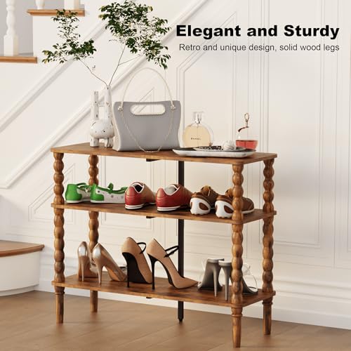 Veegle Shoe Rack,3 Tier Shoe Organizer with Solid Wood Legs for Closet, Entryway, Garage & Corridor, Easy Assembly Shoe Shelves,Rustic Brown