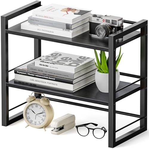 Office Desk Shelf Organizer, Wood Desktop Bookshelf Supplies Storage Rack, Shelf for Top of Desk and Dresser (Pure Black-2 Tier) - color: Pure Black
