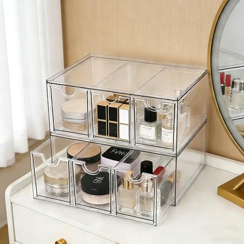 Prsildan Acrylic Makeup Organizer, 2 Pack Stackable Storage Drawers with 6 Drawers for Office Desk Vanity Craft Room Clear Drawer Organizers for Hair Accessories Art Supplies Cosmetics Modular System - style: Style3-6Drawers