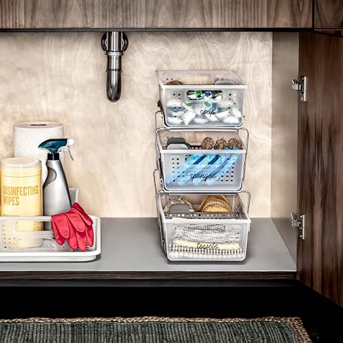 madesmart 2 Tier Organizer, Under Cabinet Storage with Pull Out Sliding Drawers, for Cleaning Supplies, Pantry, Undersink, Sponges, Bottles & Bath, Pull Out Baskets, Frost 2 PACK - color: Frost