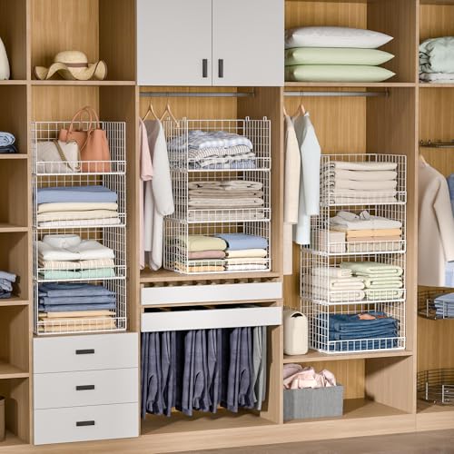 Yociyoga 4-Tier Stackable Closet Organizers and Storage Basket, Foldable Closet Shelf Organizer System, Space-Saving Clothes Storage Drawer Organizer for Wardrobe, White ((Patent 30022416))