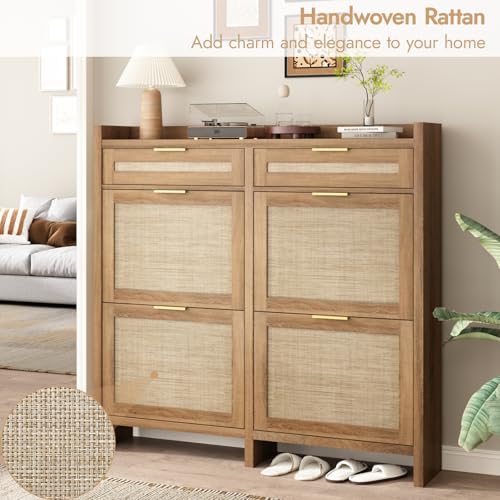 HOKYHOKY Large Rattan Shoe Storage Cabinet with 4 Flip Drawers & 2 Storages–Hidden Slim Shoe Organizer for Entryway, Large Tabletop Space, Farmhouse Boho Narrow Shoe Rack, Rustic Oak - color: Rustic Oak, size: 4 Flips
