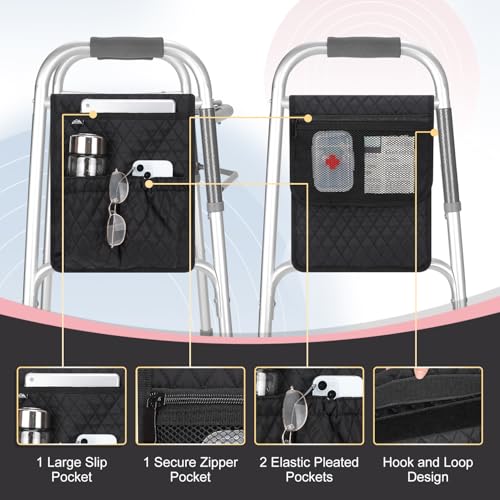 supregear Walker Bag, Universal Seniors Caddy Organizer with Multiple Pockets, Lightweight Accessories for Elderly, Rollators, Wheelchairs and Bedside Rails, Easy to Use Storage Pouch, Black - color: Black