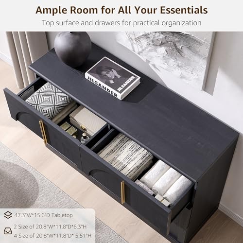 ACCOHOHO Arched Dresser for Bedroom with 6 Drawers, 47.3" Wide Modern Chest of Drawers with Rounded Edge & Metal Handles, Wood Storage Closet Dressers TV Stand for Living Room, Hallway, Black - color: Black, size: 15.6"D x 47.3"W x 32"H (6 Drawers)