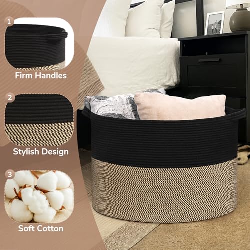 Goodpick 115L Extra Large Blanket Basket, 23.5"x23.5"x15.8" Woven Rope Basket for Storage, Kids Toy Storage for Nusery Room - color: Black & Mix Jute, size: 23.5x23.5x15.8 Inch (Pack of 1)