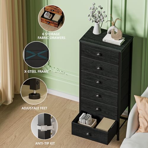 Furnulem Tall Dresser with 6 Drawers,Vertical Bedside End Table & Chest for Bedroom,Black Storage Tower Dorm Nightstand with Fabric Drawer Organizer Unit Furniture in Living Room,Closet,Hallyway - color: Black Oak, size: 11.5"D x 16"W x 39.6"H (6 Drawers)