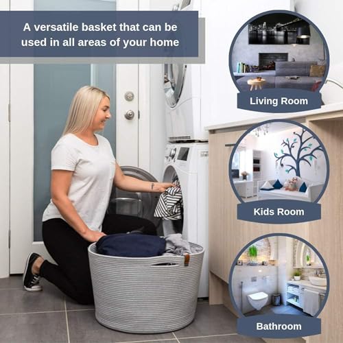 DENJA & CO Extra Large Woven Basket for Storage | Organize Pillows, Toys, and Laundry | Cotton Rope Storage Basket for Blankets, Towels and Nursery Storage | Light Gray (21 inches x 13.8 inches) - color: Light Grey, size: Extra Large (21"W x 13.8"H)