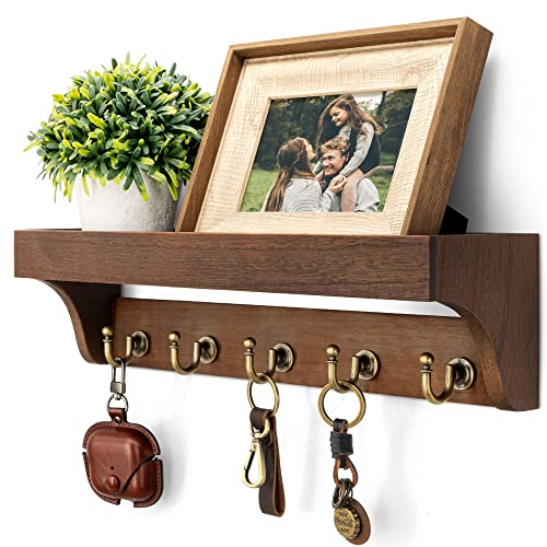 Rebee Vision Farmhouse Key Holder for Wall - Decorative Wooden Mail Organizer with 5 Rustic Key Hooks and Floating Shelf for Home Decor, Hallway, Entryway, Appartment (Retro Brown) - color: Brown