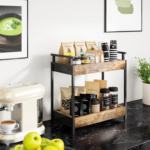 KLM Countertop Coffee Station Organizer, 2 Tier Wooden Shelf for Coffee Bar Accessories, Condiment Storage Caddy for Kitchen, Bathroom Counter Organizer, Home, Office - Brown - color: Rustic Brown
