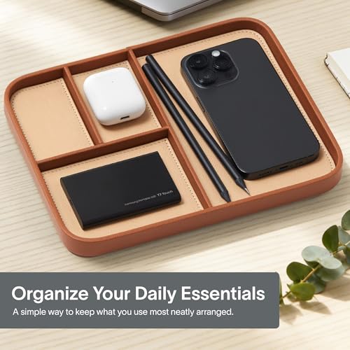 Nordik Leather Valet Tray - Sand Brown - 9.5 x 7.9 Inch Medium Vegan Leather Tray - Stylish Nightstand Organizer for Men - Modern Bedside Caddy - EDC Catchall for Key Watch Wallet Jewellery - color: Sand Brown, size: 9.5in x 7.9in