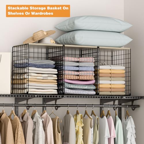 Taller Closet Organizers and Storage with Wood Top, Set of 3 Stackable Wire Storage Bins for Clothes, Bags, Towels, Double Storage Design, Sturdy Metal Cube Shelf Organizer for Closet Wardrobe, Black - color: BLACK, size: 12.2"L x 12"W x 15.74"H
