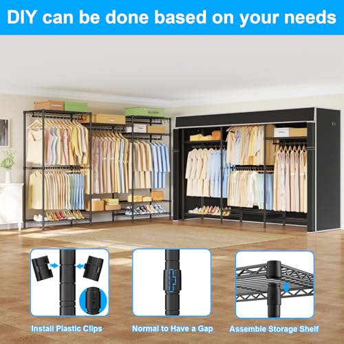 Ulif E13C Pro Heavy Duty Closet Organizer System，Freestanding Clothing Racks for Hanging Clothes，Adjustable Garment Rack 75" W x16 D x77 H Hold 1000lbs，Black Rack with Black Dustproof Cover - color: Black Rack with Black Cover, size: E13C Pro