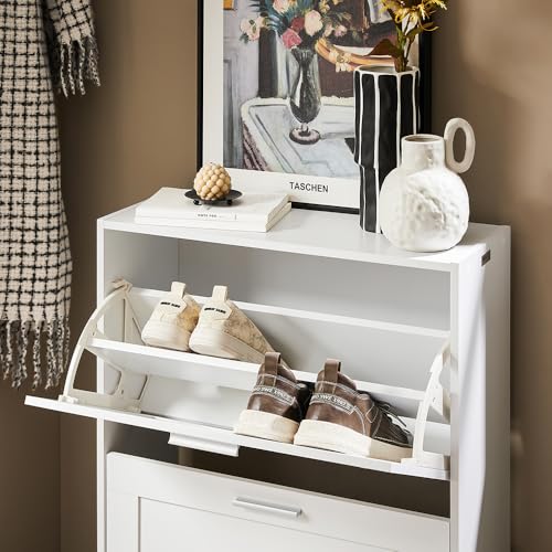 SoBuy Shoe Storage Cabinet Entryway, Slim Shoe Rack Freestanding, Narrow Shoe Organizer 2 Flip-Drawers Shoe Cupboard for Mudroom Front Door Entrance Hallway Bedroom, White, FSR137-W - color: Pure White, size: 2 Drawers