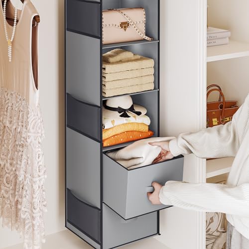 YOUDENOVA Hanging Closet Organizer, 5 Tier Hanging Closet Shelves with 6 Side Pockets and 2 Drawers, Light Grey