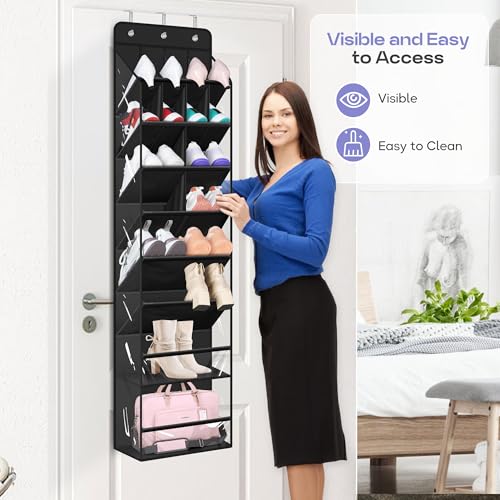 MISSLO Clear Over the Door Shoe Organizer Large Deep Pockets Hanging Shoe Rack for Closet Fit 20 Pairs Shoe Holder for Sneakers Boots Storage, Black - color: Black